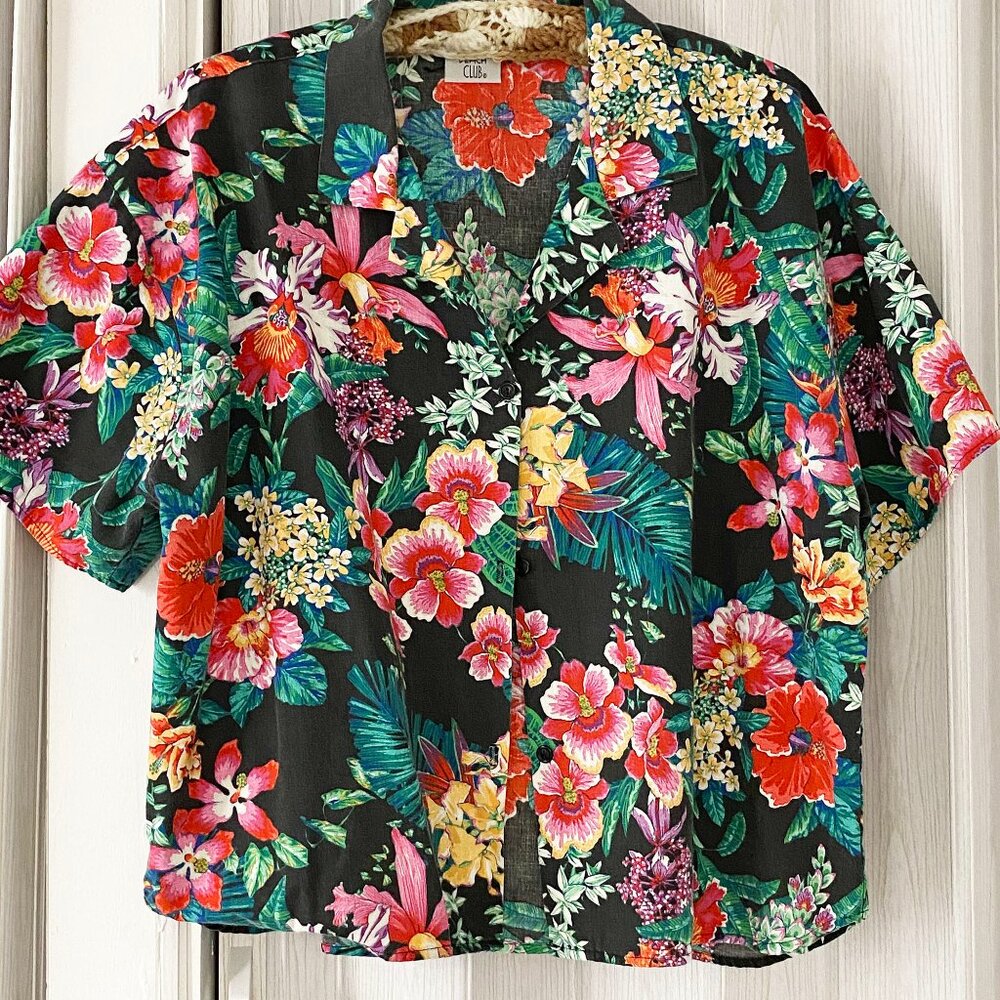 Vintage Ladies Hawaiian Shirt - Floral Print Blouse - Short Sleeve, sz L